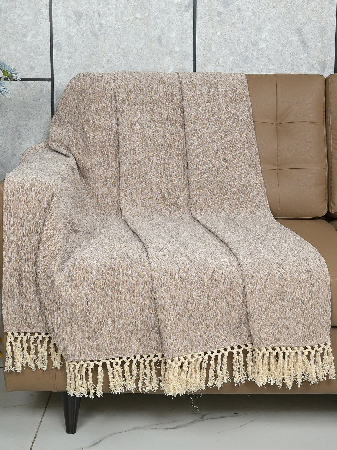 Saral Home Beige Single Seater Set Of 2 Chenille Sofa Throw