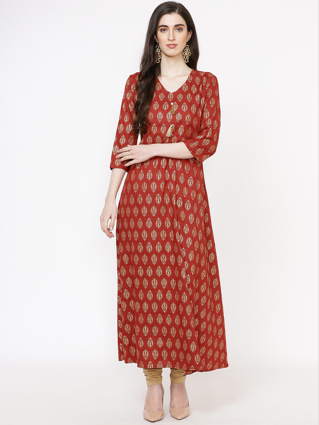 Fabriko Women Maroon & Golden Printed A-Line Kurta