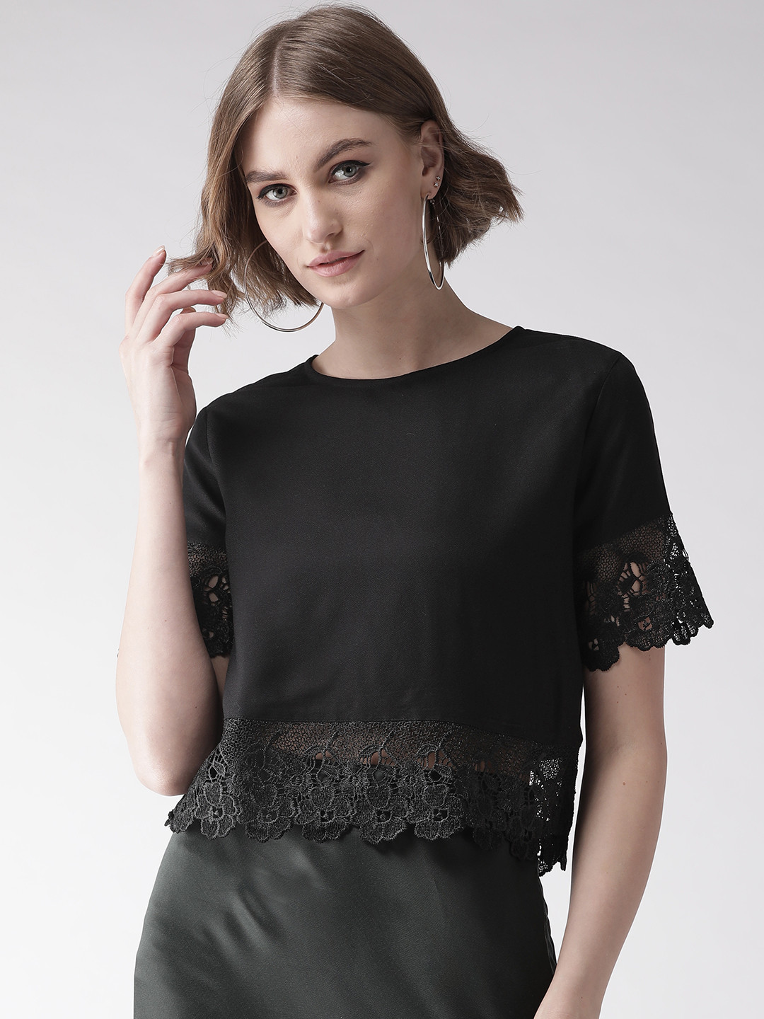 Style Quotient Women Black Solid Top with Lace Detail
