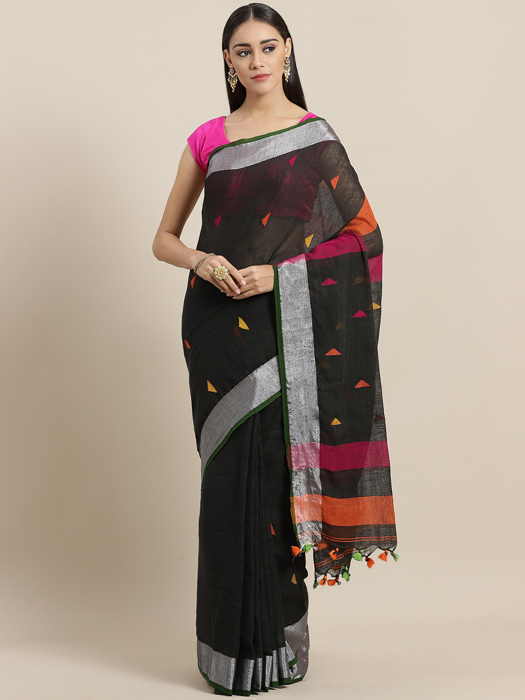 Laa Calcutta Black & Pink Handloom Woven Design Saree