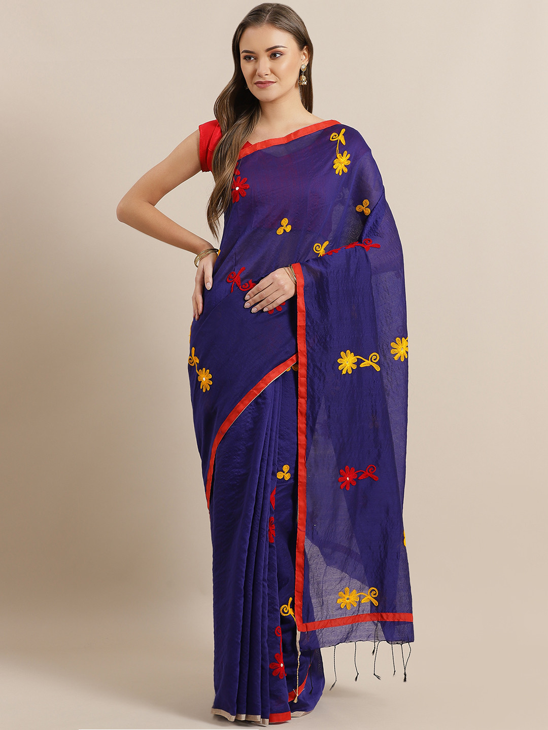Laa Calcutta Navy Blue & Red Handloom Embroidered Saree