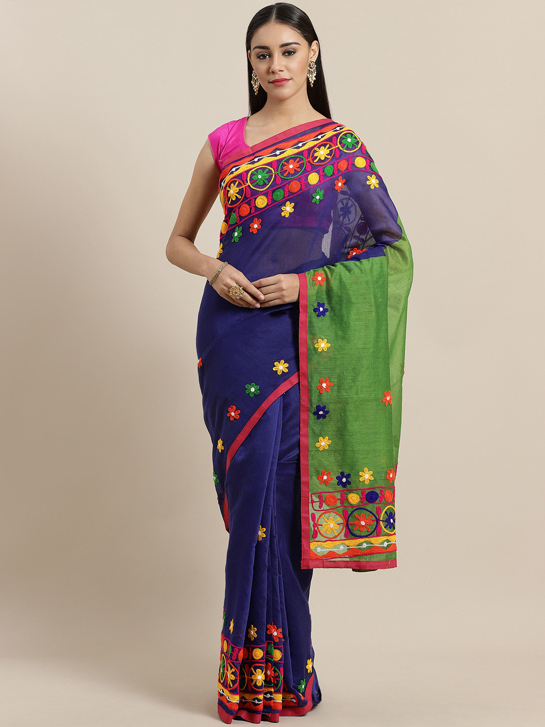Laa Calcutta Navy Blue & Green Embroidered Handloom Saree