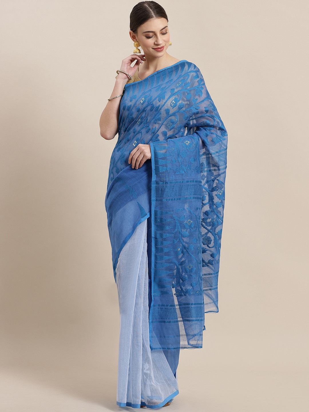 Laa Calcutta Blue Woven Design Handloom Jamdani Saree