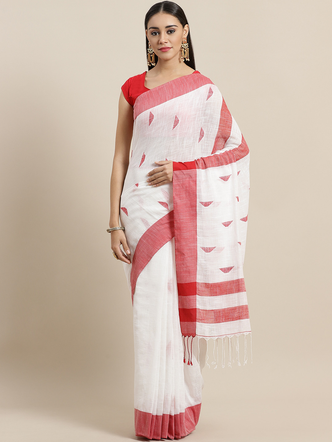 Laa Calcutta White & Red Handloom Woven Design Khadi Cotton Saree