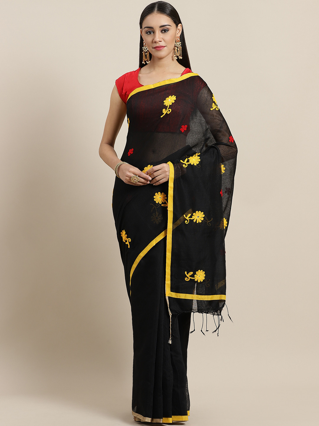 Laa Calcutta Black & Yellow Embroidered Handloom Saree