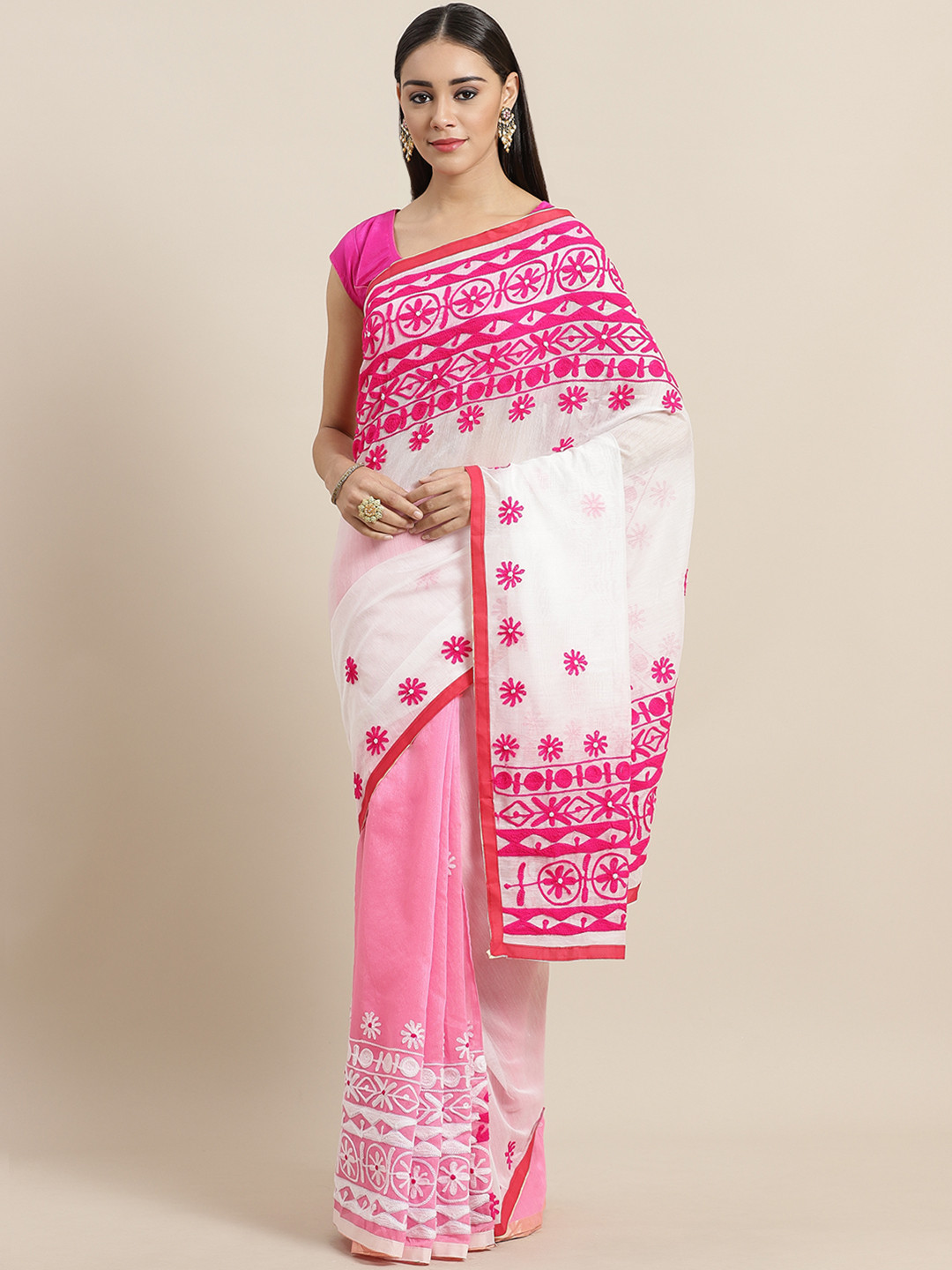 Laa Calcutta White & Pink Handloom Embroidered Saree