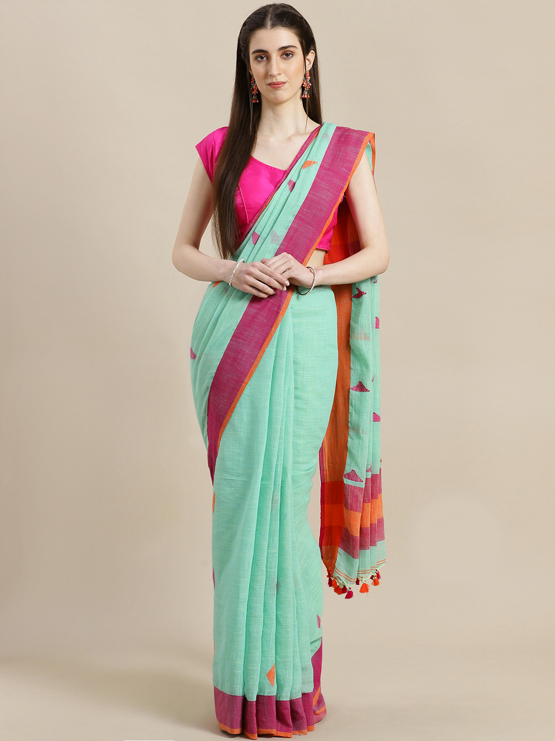 Laa Calcutta Green & Pink Handloom Woven Design Saree