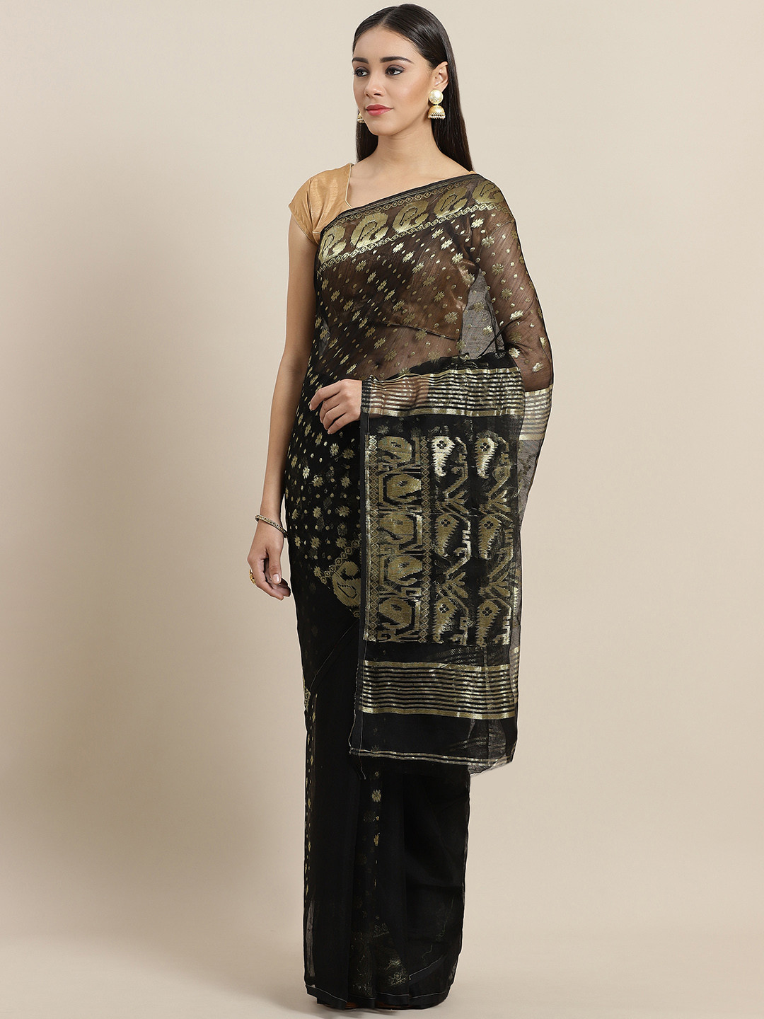 Laa Calcutta Black & Golden Woven Design Handloom Jamdani Saree