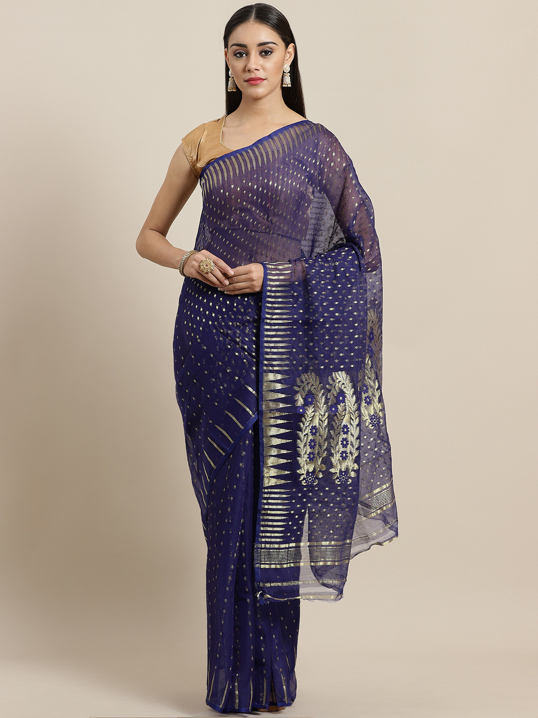 Laa Calcutta Navy Blue & Golden Zari Woven Design Jamdani Saree
