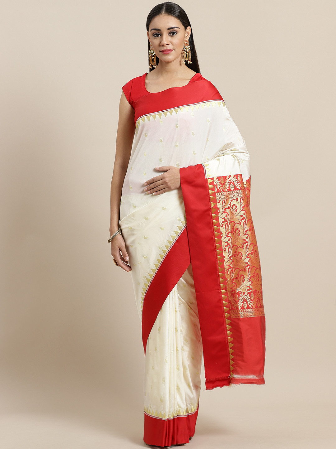 Laa Calcutta White & Red Woven Design Kanjeevaram Saree