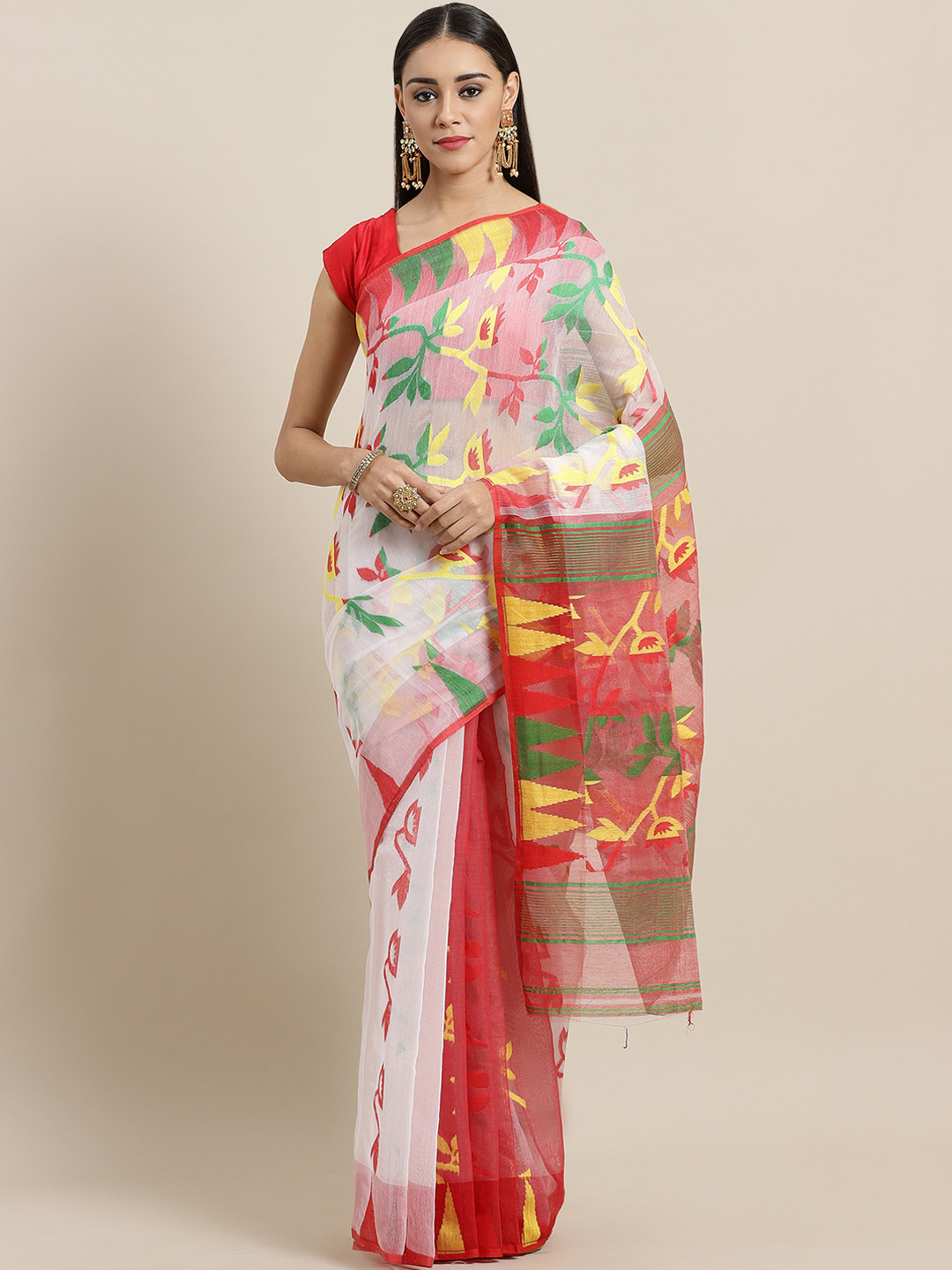 Laa Calcutta White & Red Woven Design Handloom Dhakai Jamdani Saree