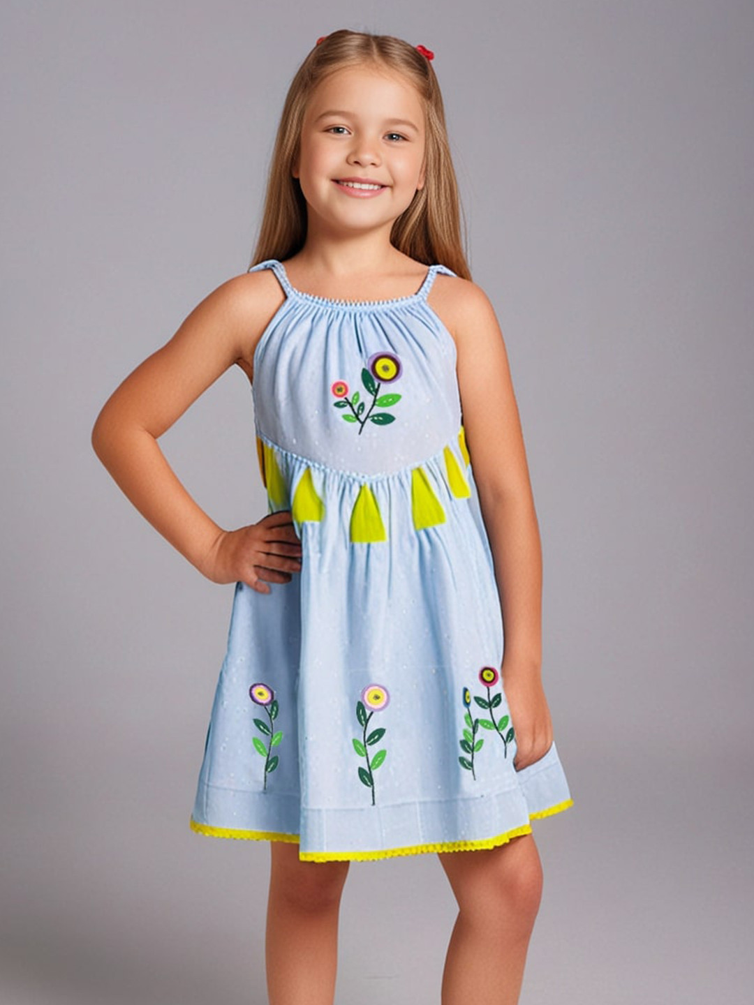 Cherry Crumble Girls Blue Self Design A-Line Dress