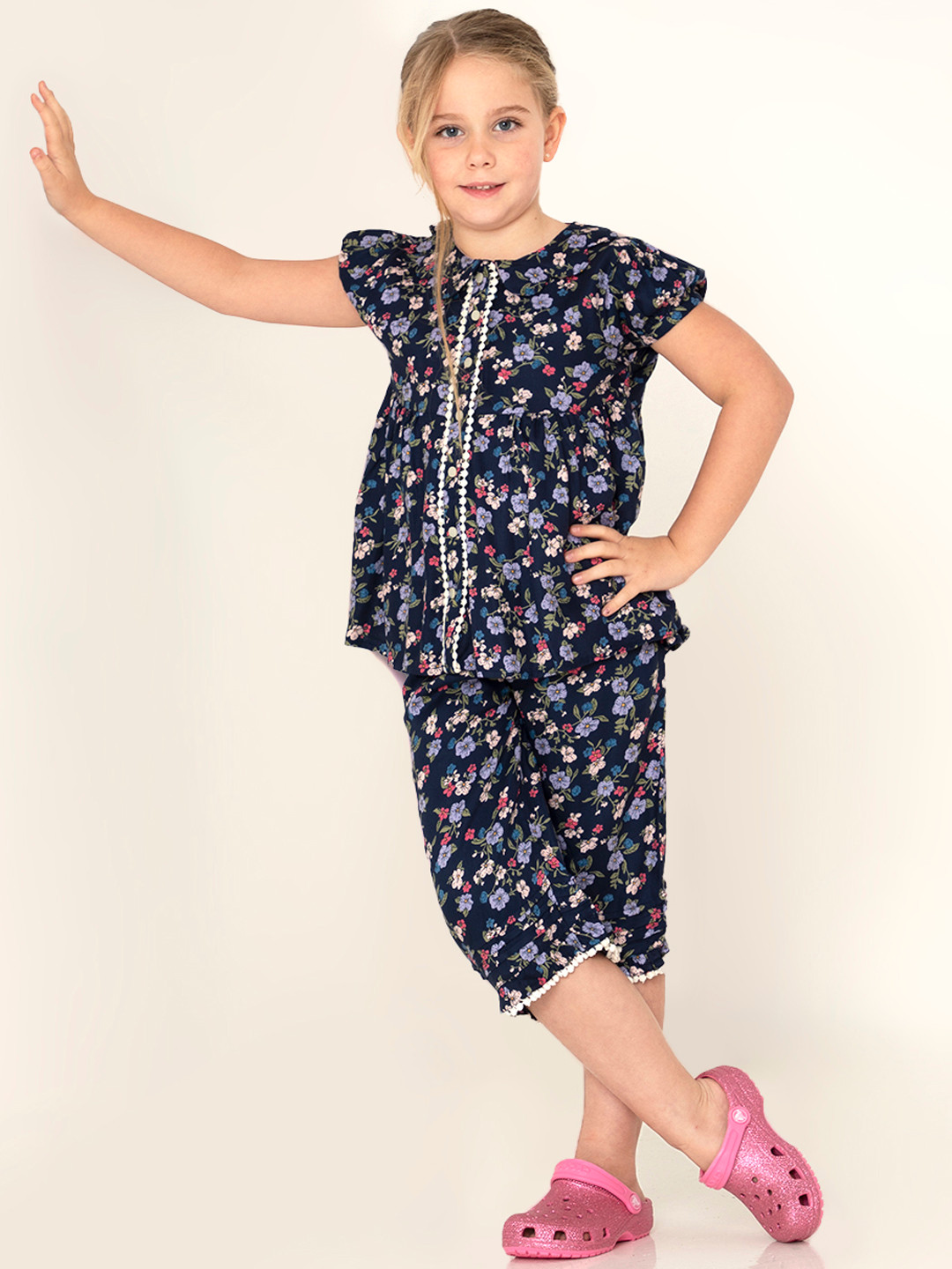 Cherry Crumble Girls Navy Blue & Pink Printed Pure Cotton Night suit
