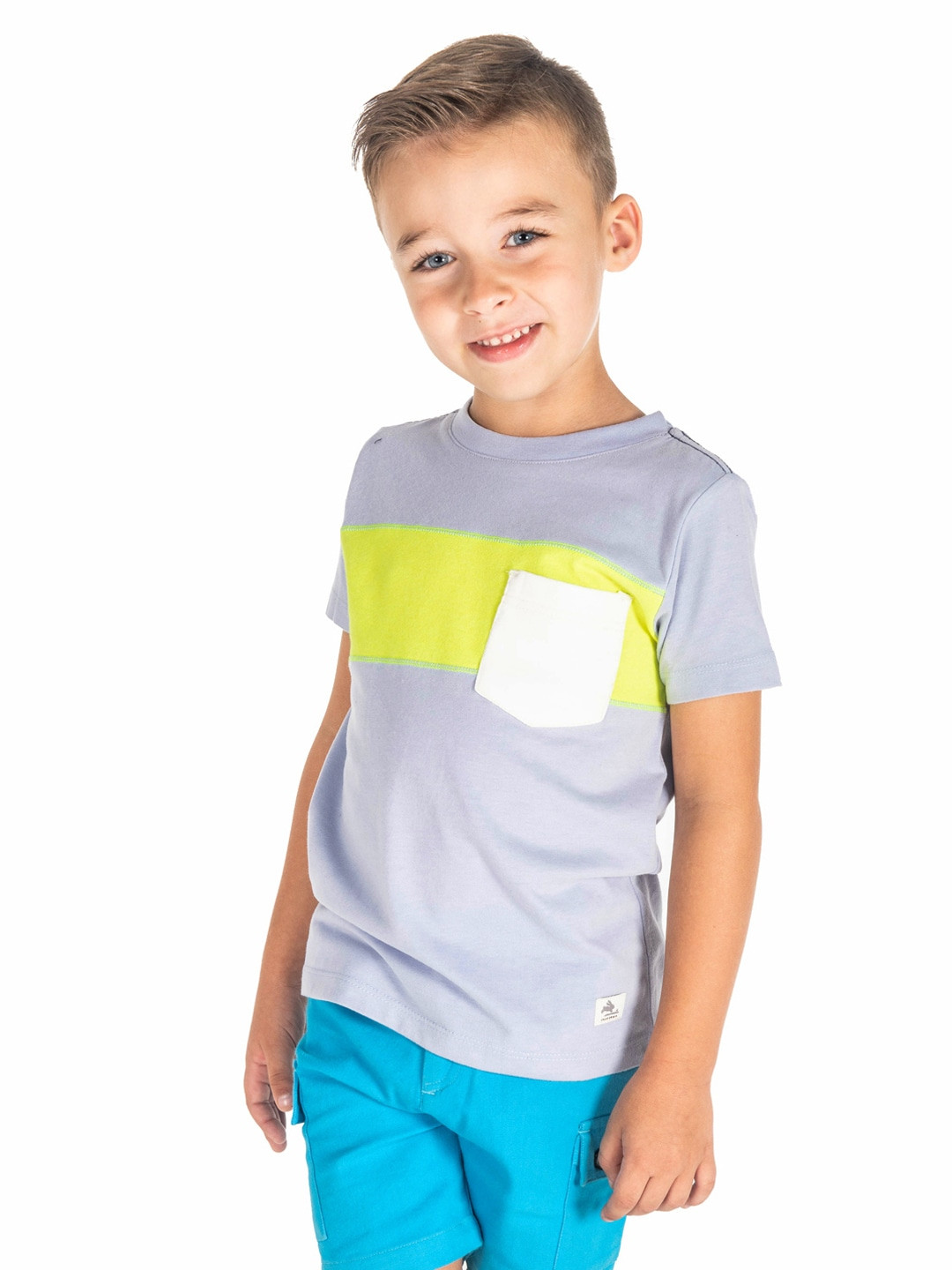 Cherry Crumble Unisex Kids Blue & Fluorescent Green Colourblocked Round Neck T-shirt