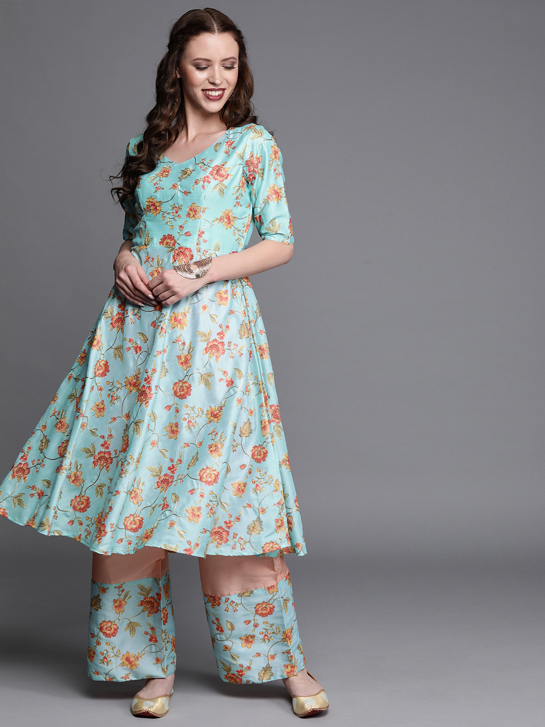 Ethnovog Women Blue  Peach-Coloured Printed Made To Measure Kurta with Palazzos