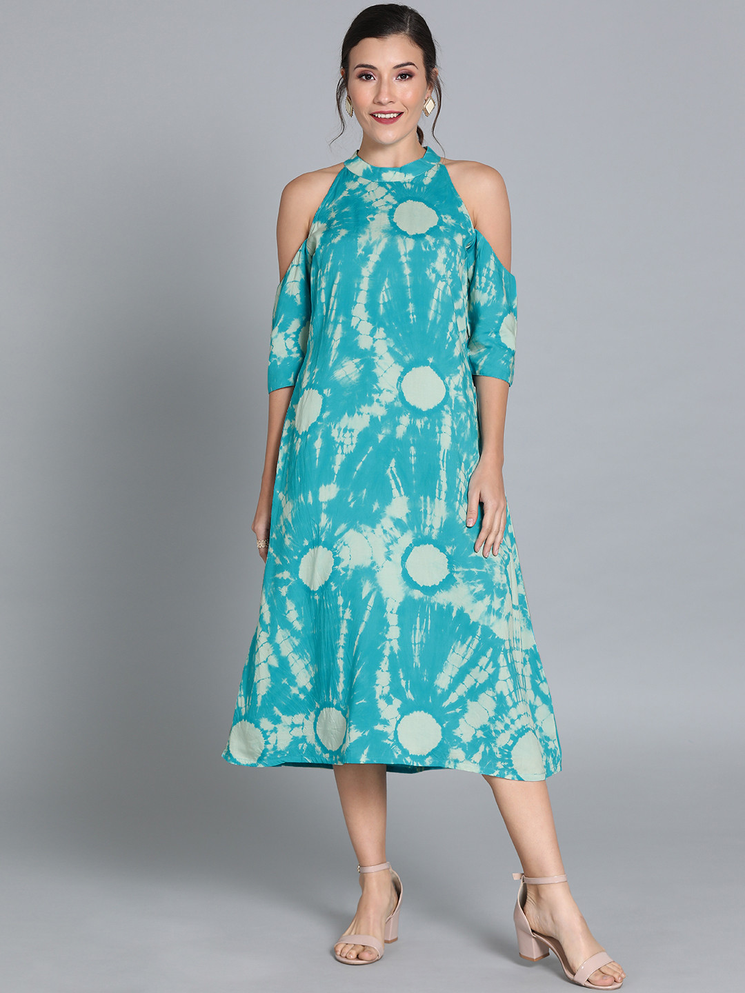 Ethnovog Women Blue Printed A-Line Made To Measure Dress