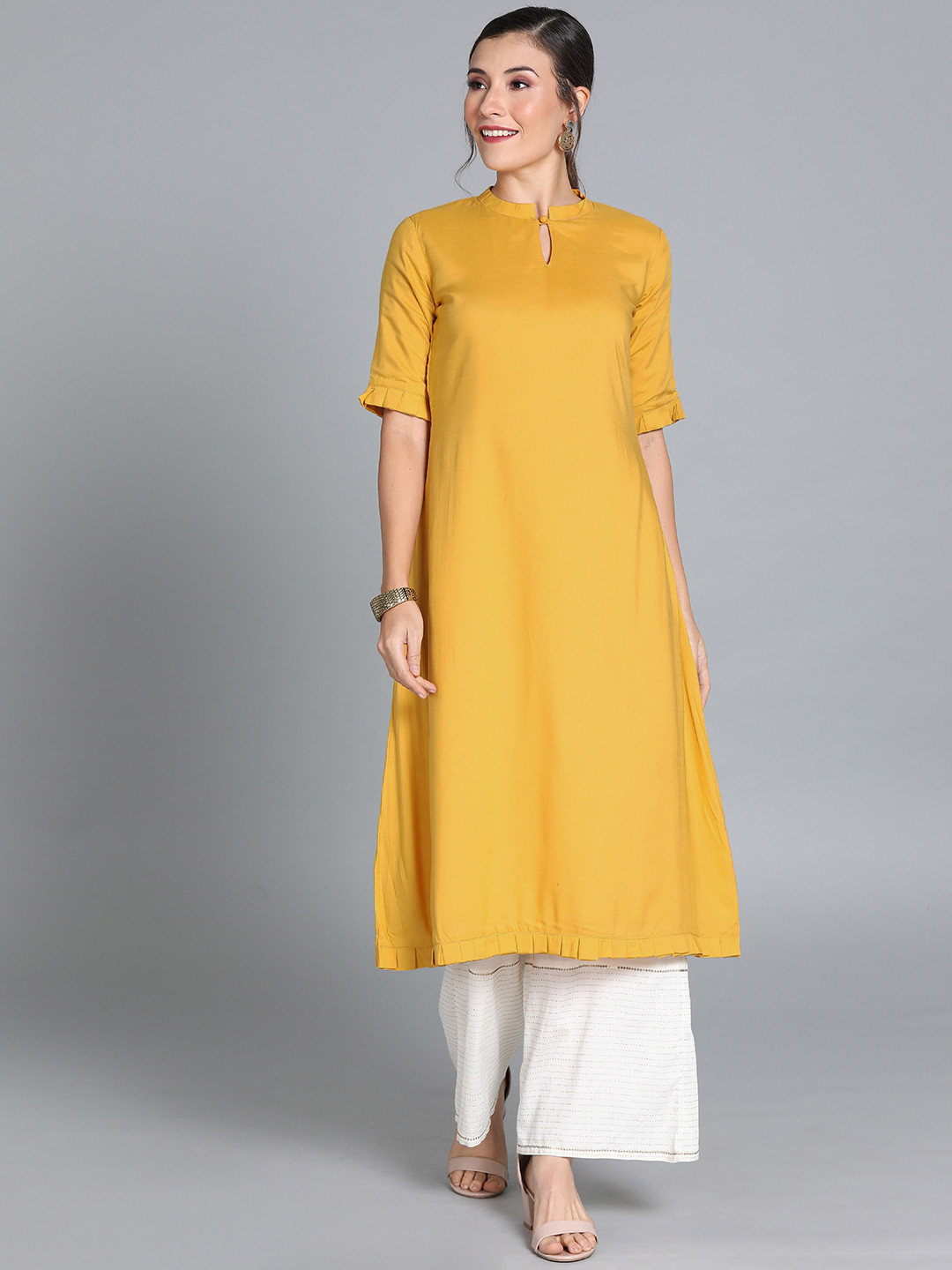 Ethnovog Women Mustard Yellow Solid Made To Measure A-Line Kurta