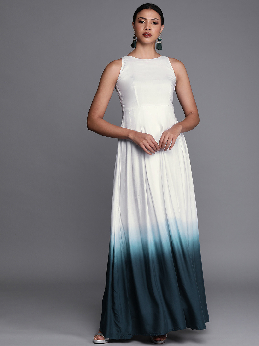 Ethnovog Women White  Blue Dyed Made To Measure Maxi Dress