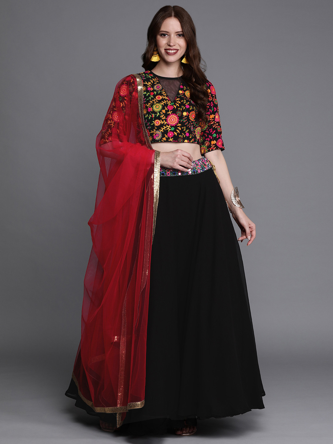 Ethnovog Black  Red Embroidered Ready to Wear Lehenga  Blouse with Dupatta