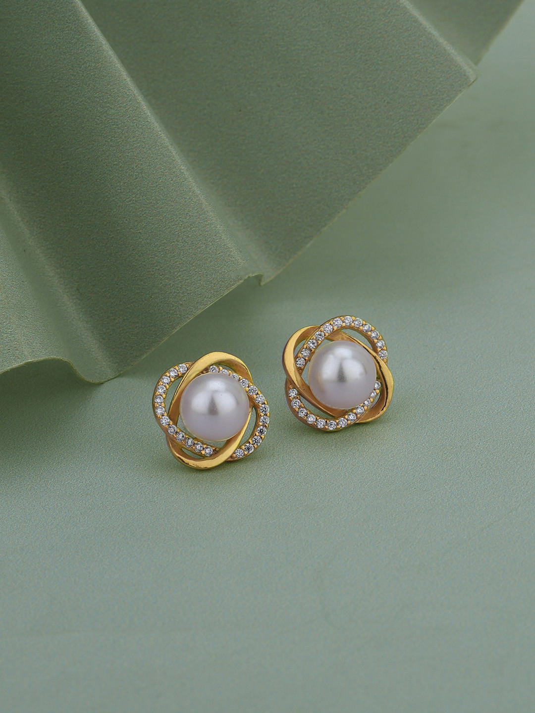 Carlton London 18k Gold Plated Cubic Zirconia Studded & Pearl Beaded Circular Studs