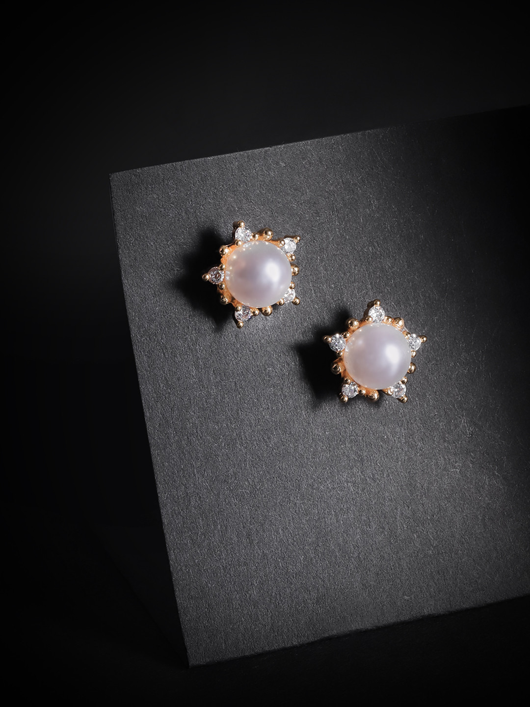 Carlton London White Gold-Plated Stone Studded & Beaded Studs