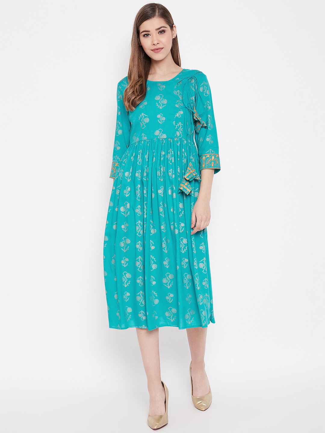 MABISH by Sonal Jain Women Blue & Golden Hand Block Print Wrap Dress