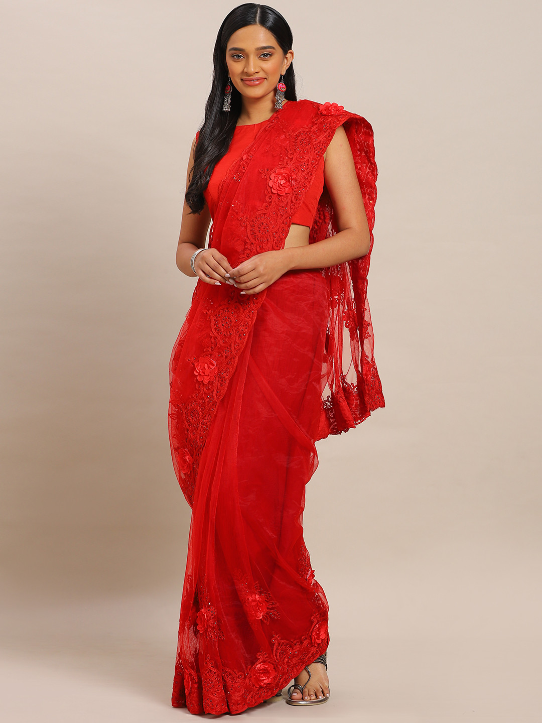 Mitera Red Embellished Applique Floral Butta Work Designer Net Saree