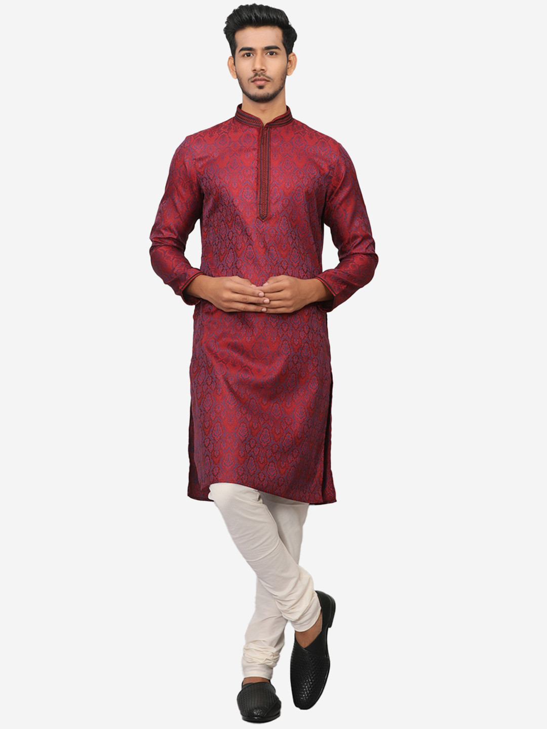 Manyavar Men Maroon & Navy Blue Self Design Kurta with Churidar