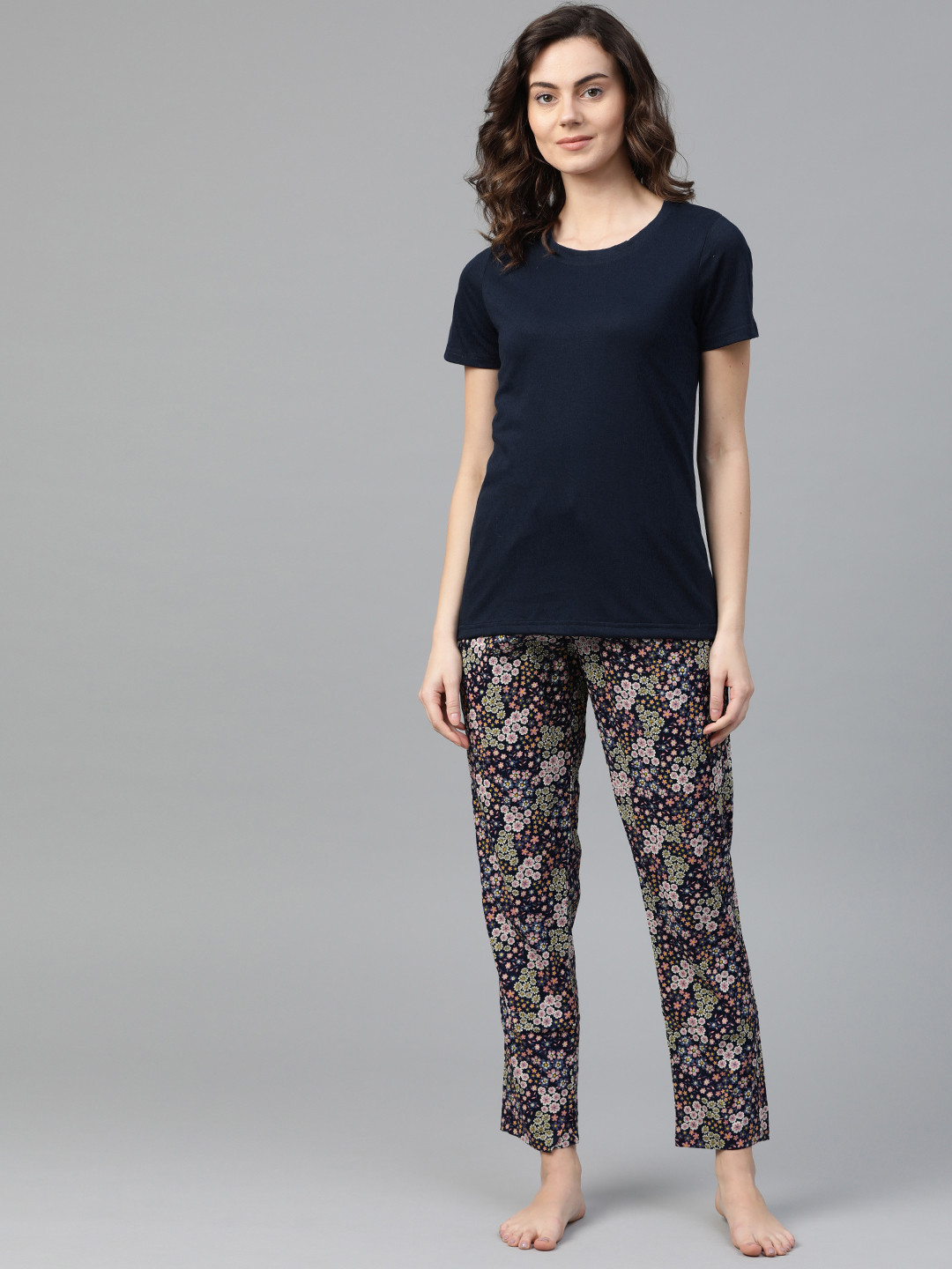 DRAPE IN VOGUE Women Navy Blue & Pink Floral Print Pyjamas Set