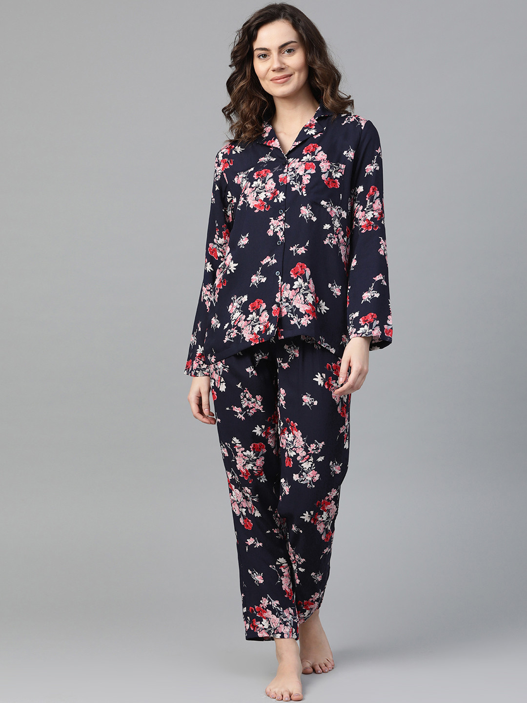 DRAPE IN VOGUE Women Navy Blue & Pink Floral Print Pyjamas Set