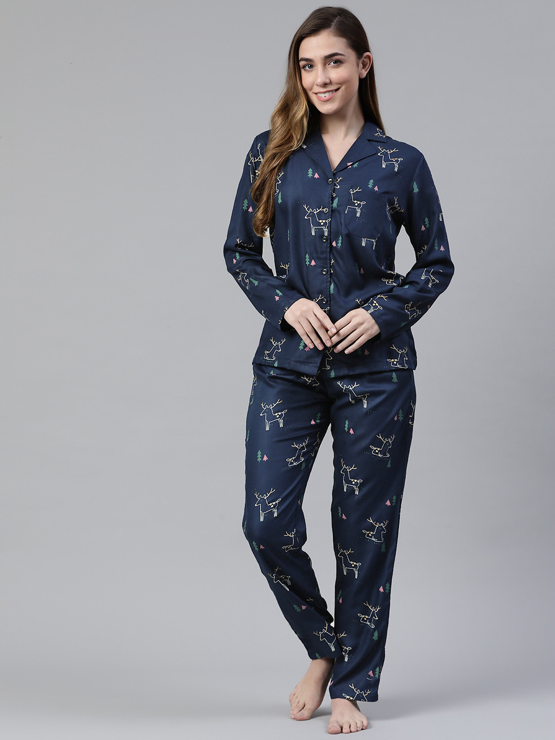 DRAPE IN VOGUE Women Navy Blue & White Printed Night suit