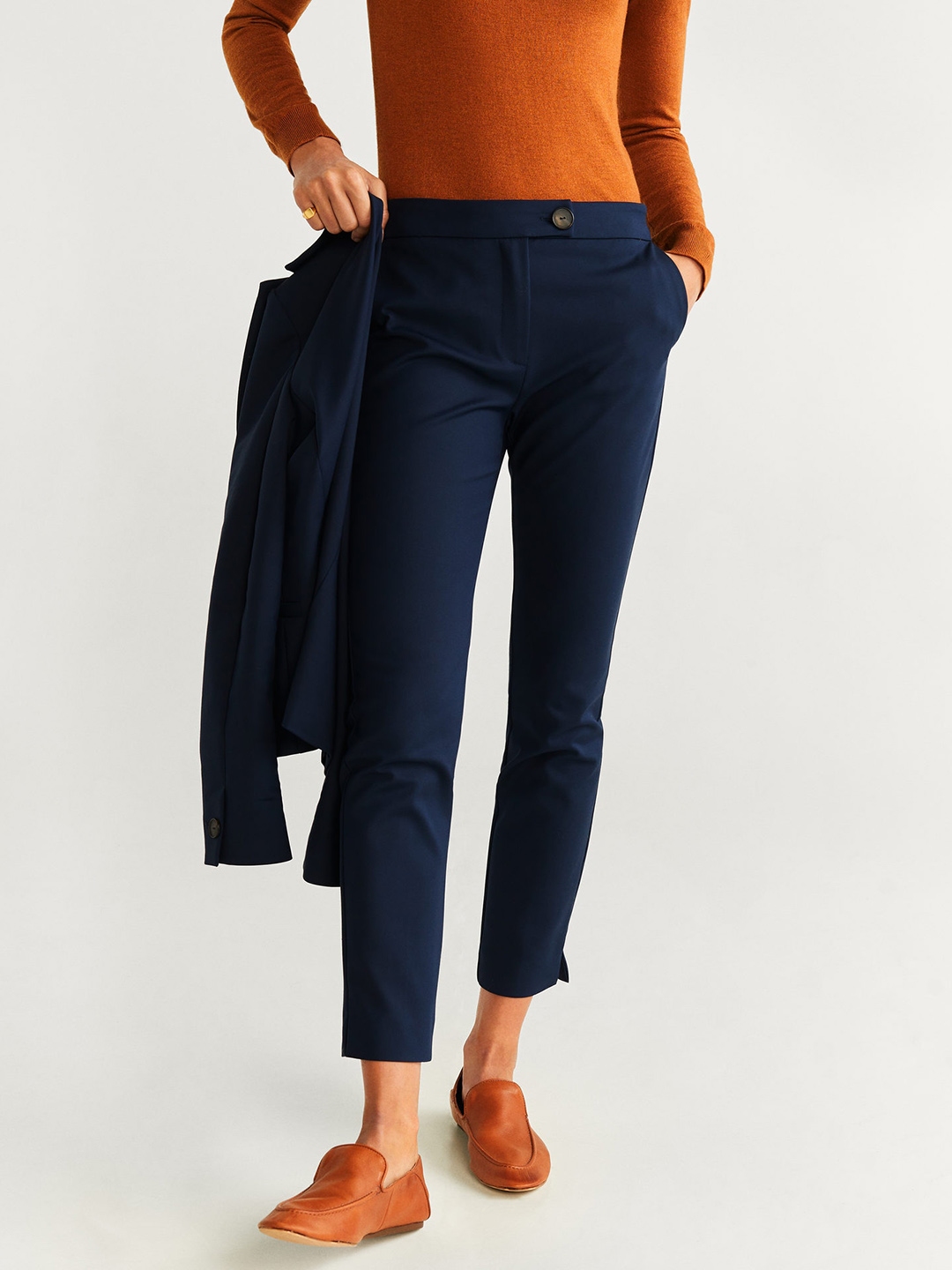 Buy MANGO Women Navy Blue Regular Fit Solid Sustainable Trousers  Trousers  for Women 11317454  Myntra