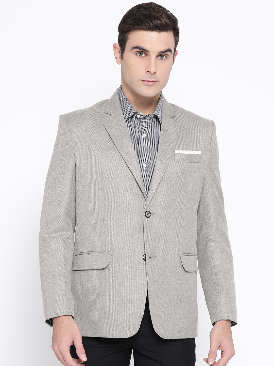 Luxrio Men Grey Self Design Twill Slim Fit Single-Breasted Formal Blazer