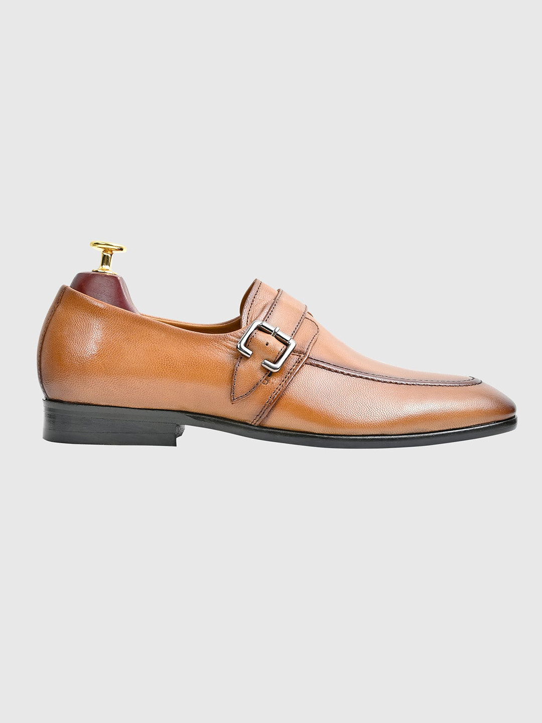 Egle Men Brown Solid Leather Single Strap Formal Monk Shoes