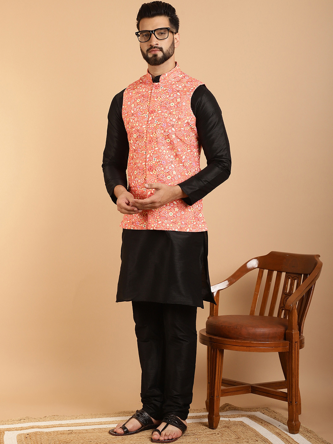 SOJANYA Men Black & Peach-Coloured Printed Kurta with Churidar & Nehru Jacket