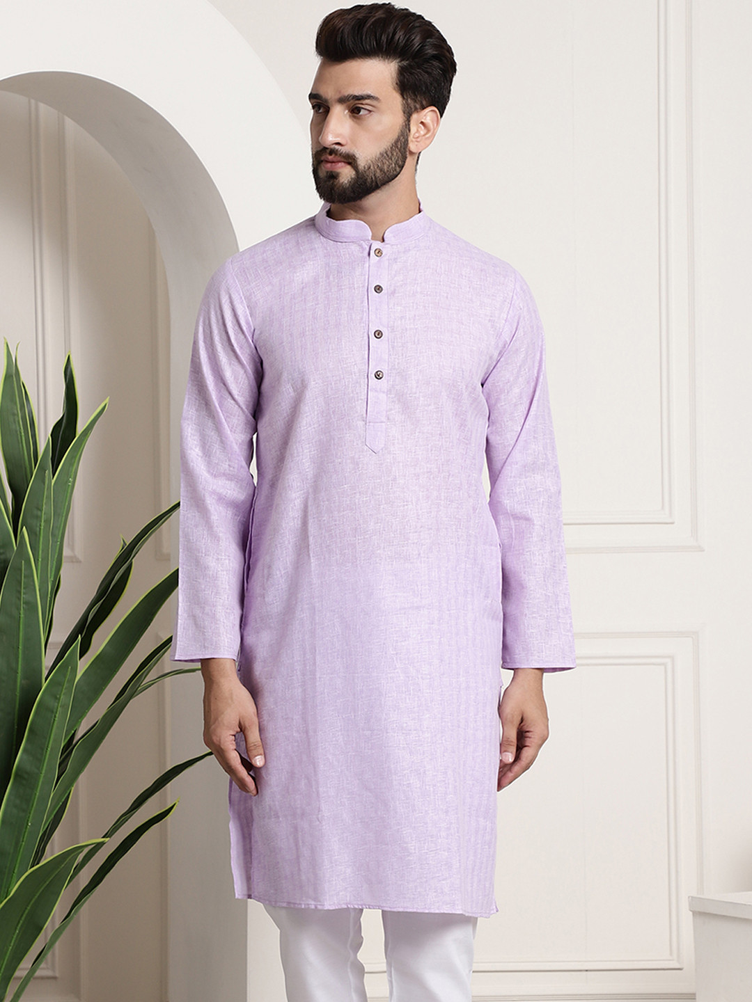 SOJANYA Men Lavender Checked Straight Kurta