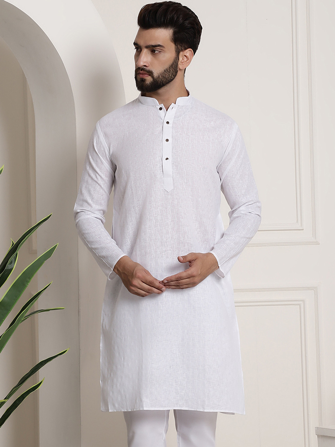 SOJANYA Men White Checked Straight Kurta