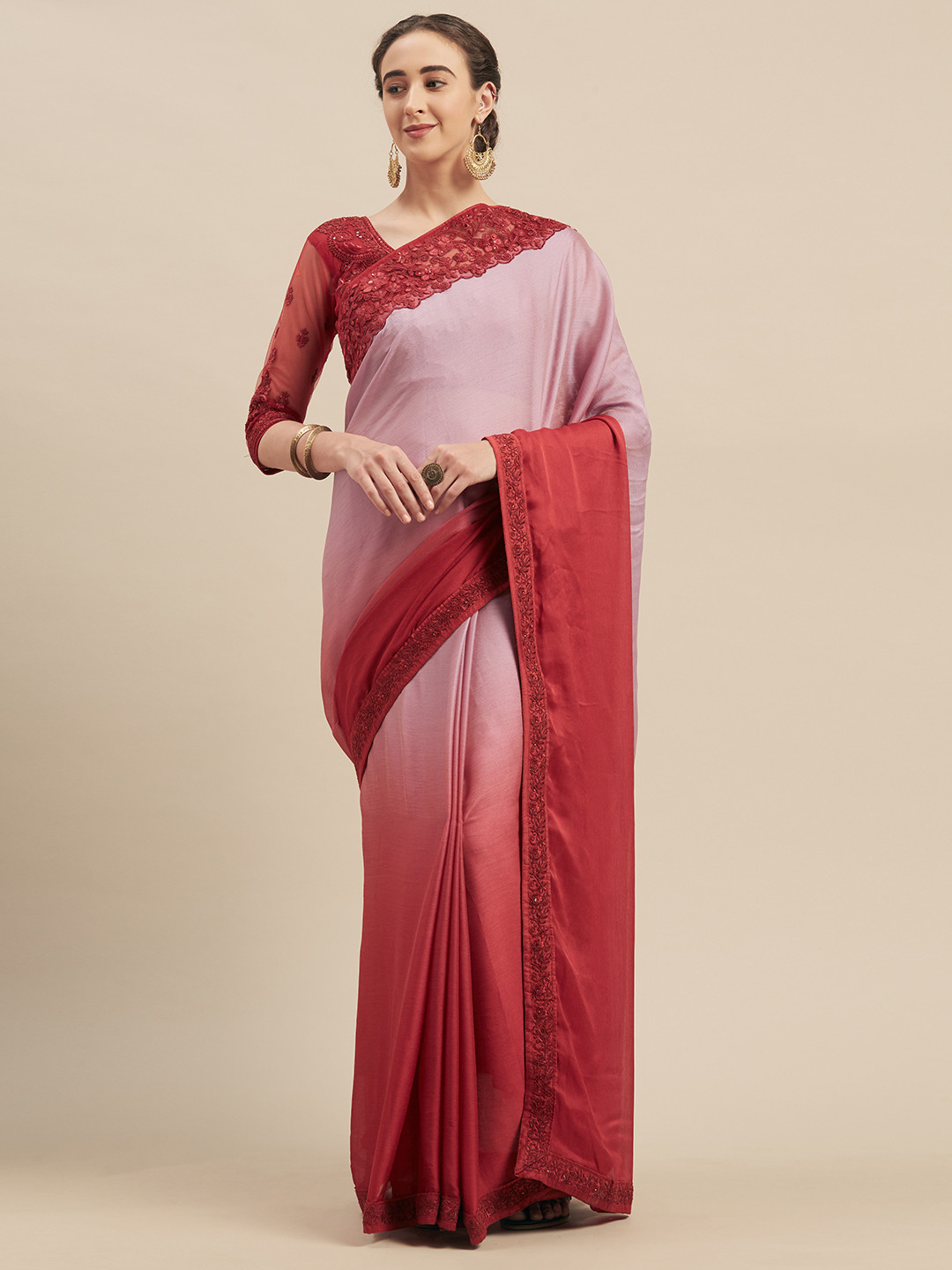 Mitera Red & Pink Poly Georgette Embroidered Saree