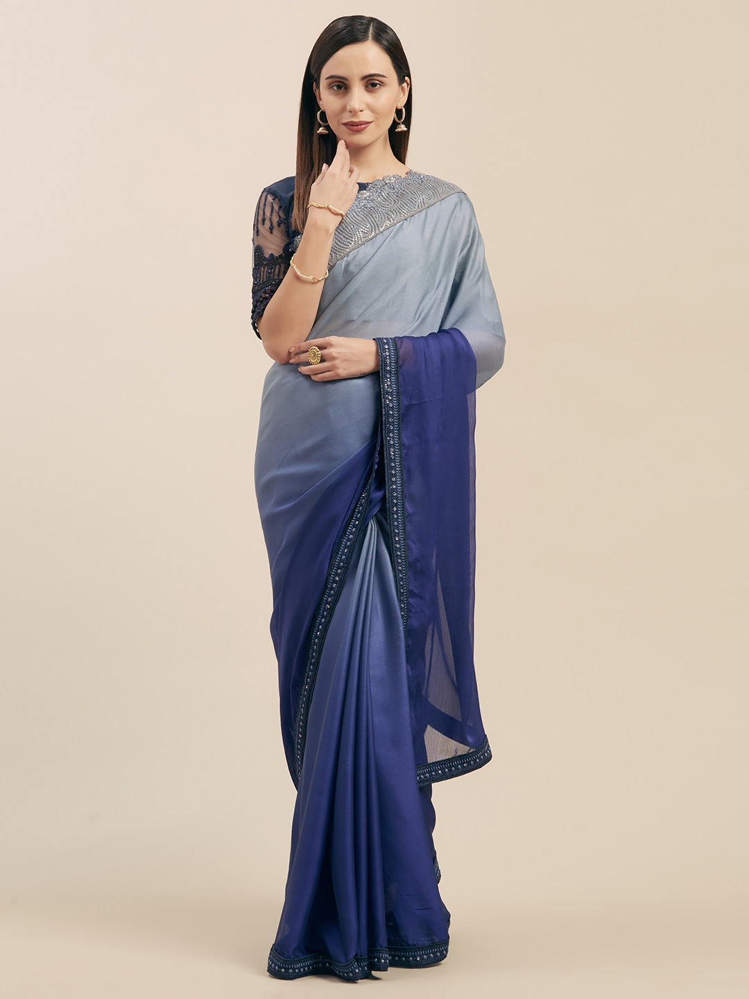 Mitera Blue Dyed Poly Georgette Saree