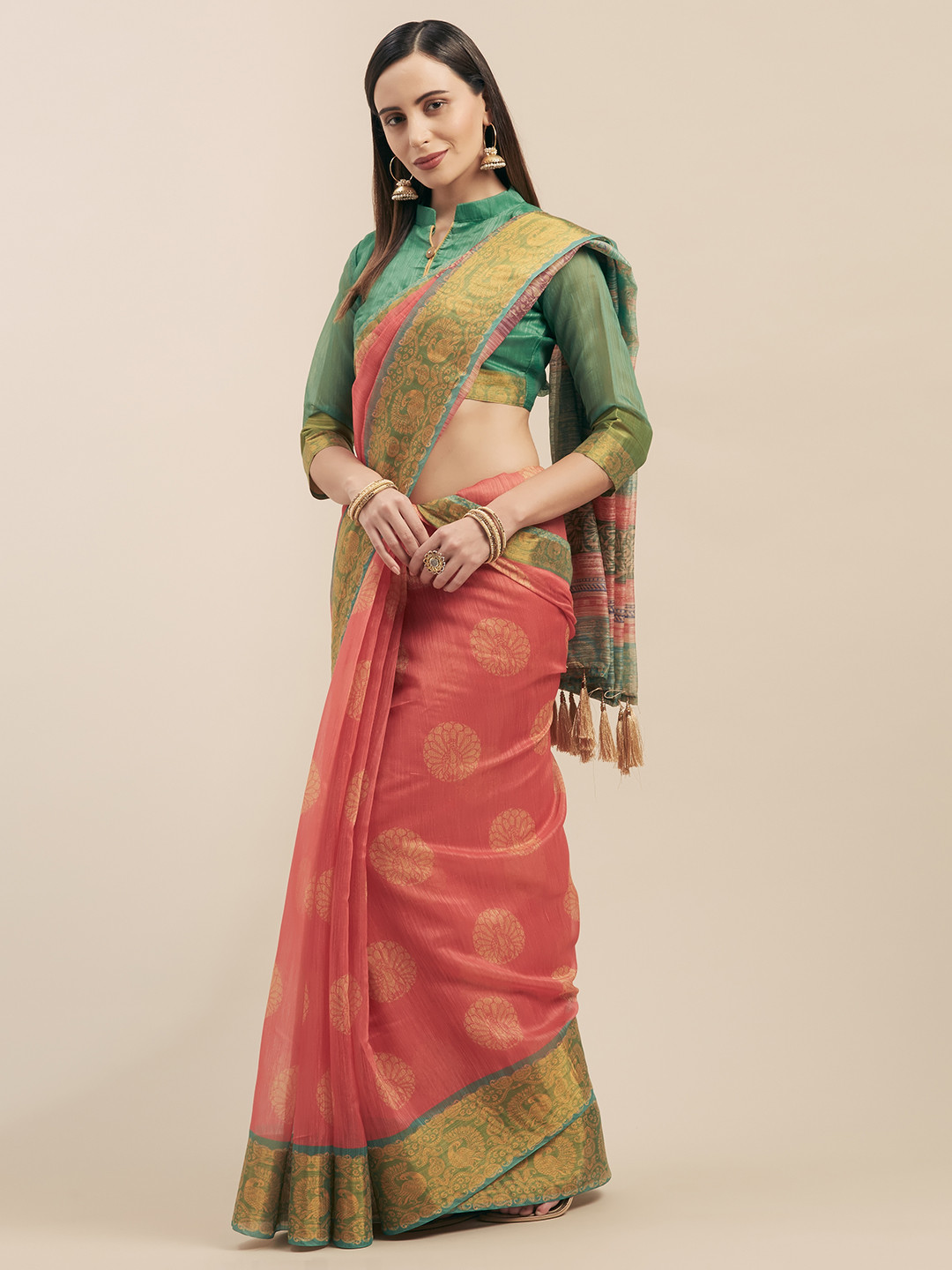 Mitera Pink & Gold-Coloured Linen Blend Printed Saree