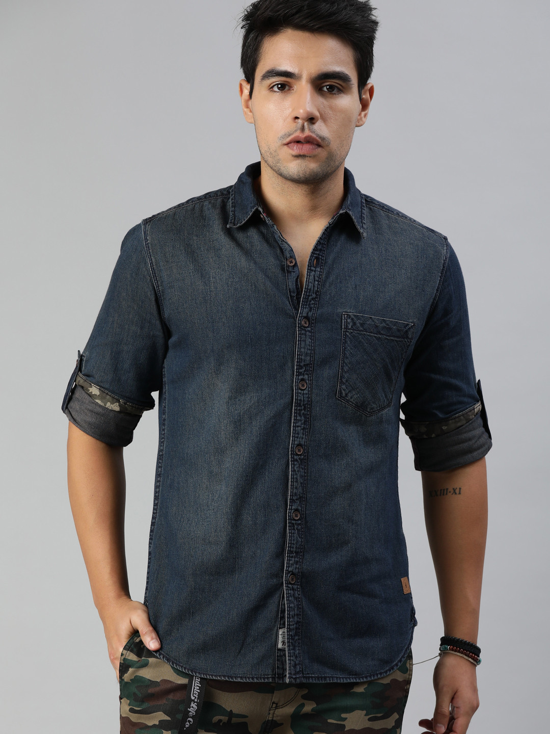 Roadster Men Navy Blue Faded Casual Denim Shirt