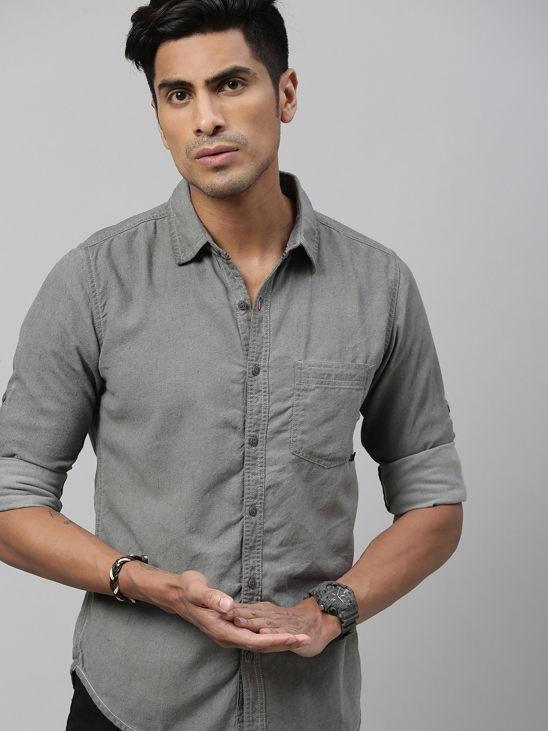 Roadster Men Grey Casual Shirt With Patch Pocket