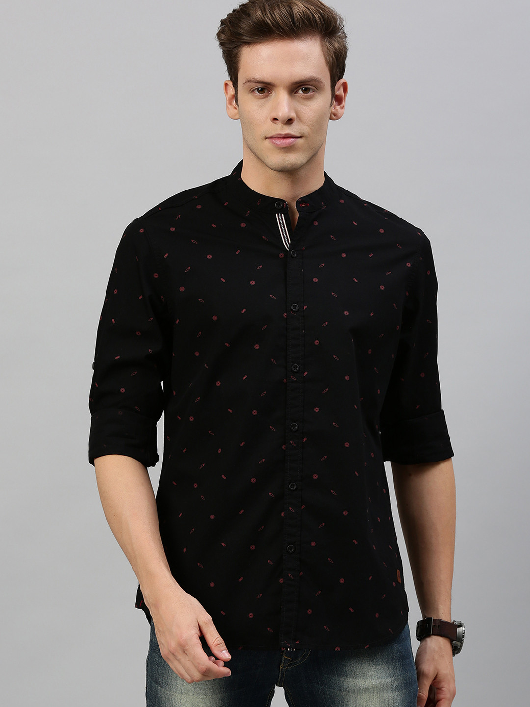 Roadster Men Black & Rust Red Regular Fit Printed  Casual Shirt