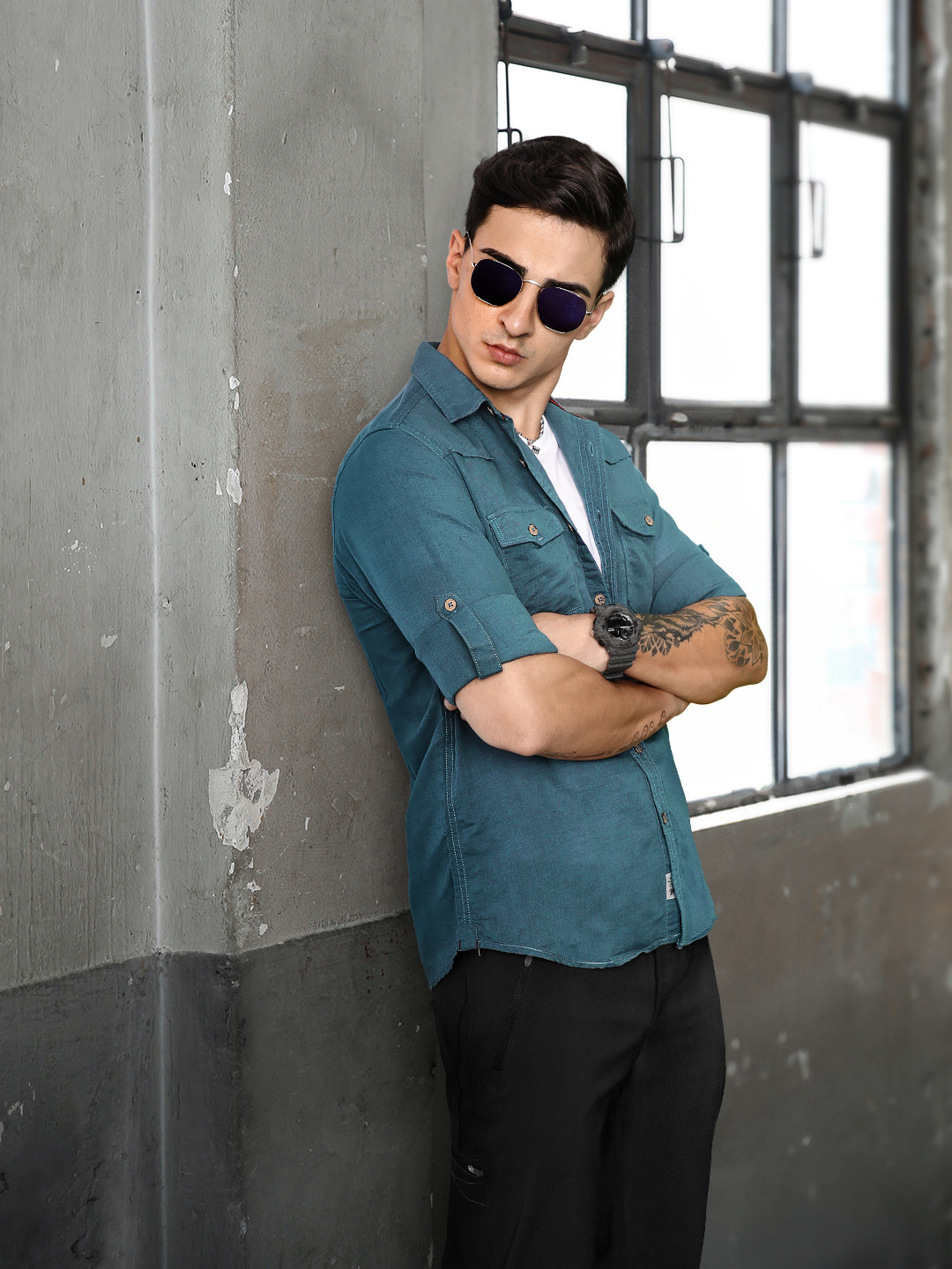 Roadster Men Teal Blue Regular Fit Solid Casual Linen Shirt