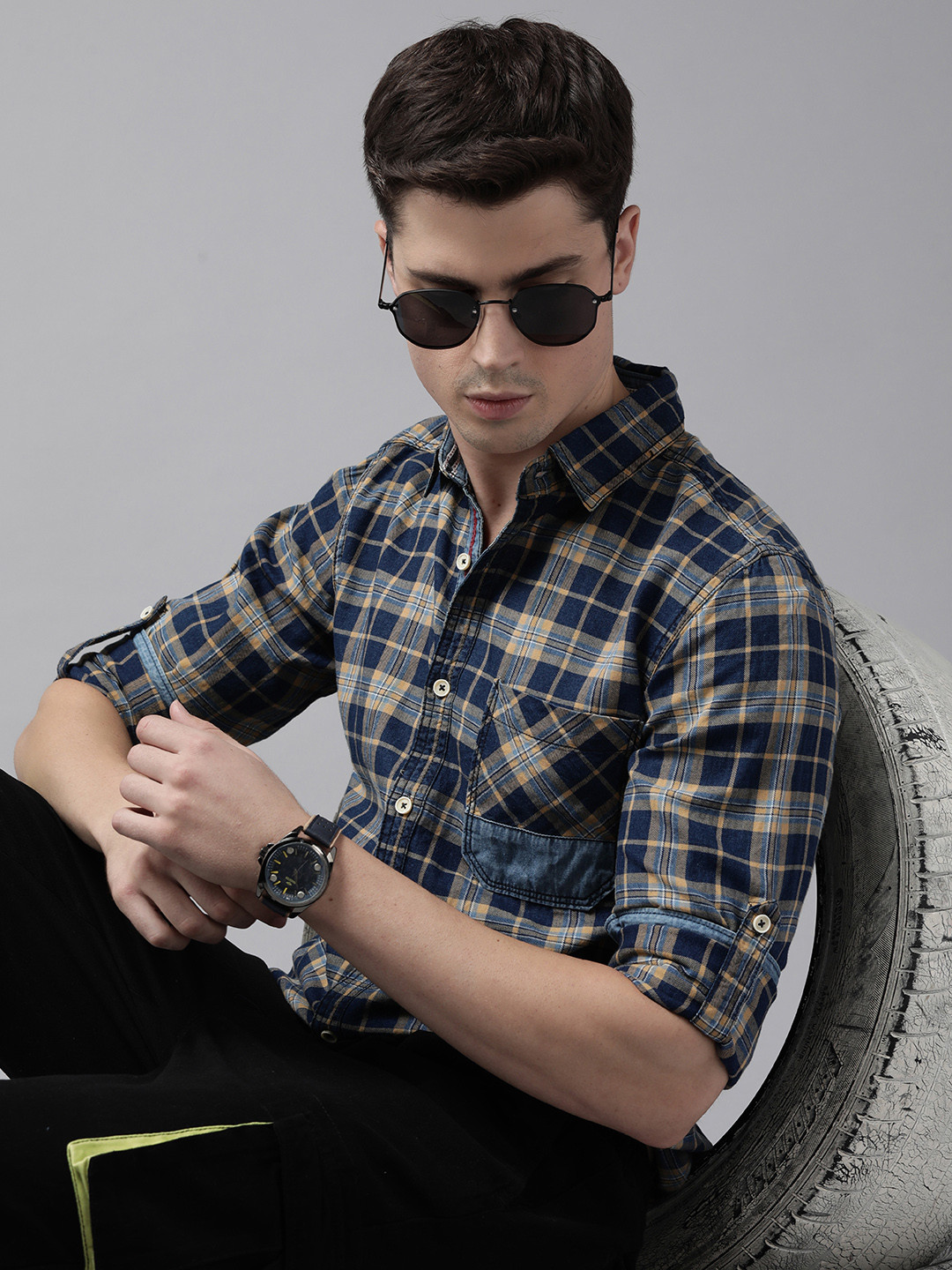 Roadster Men Navy Blue & Beige Tartan Checked Cotton Sustainable  Shirt