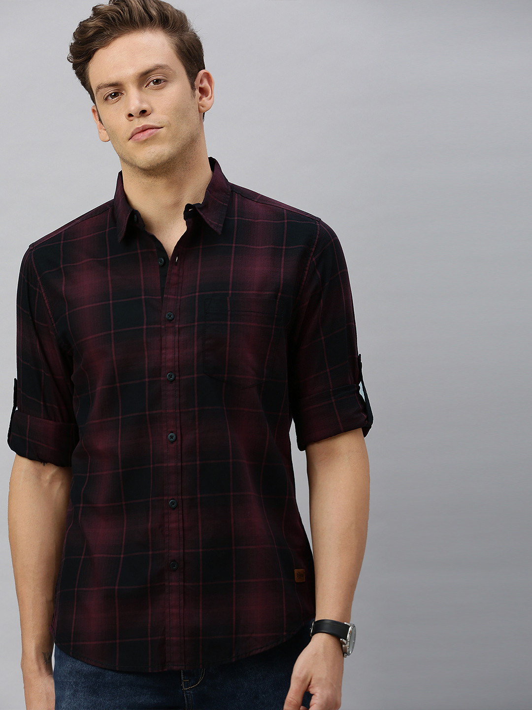 Roadster Men Burgundy & Black Checked  Cotton Casual Shirt