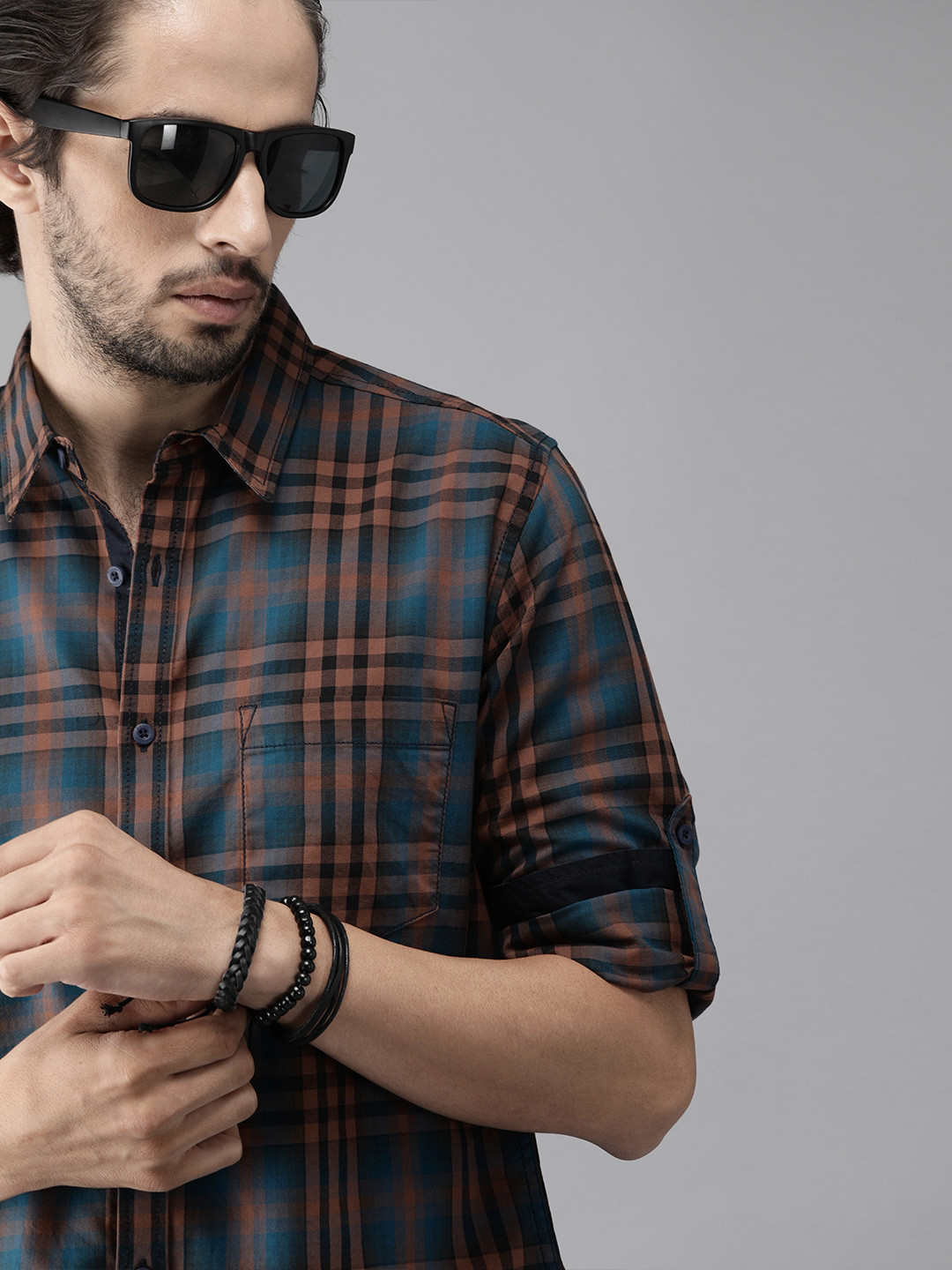 Roadster Men Teal & Brown Checked Casual Shirt