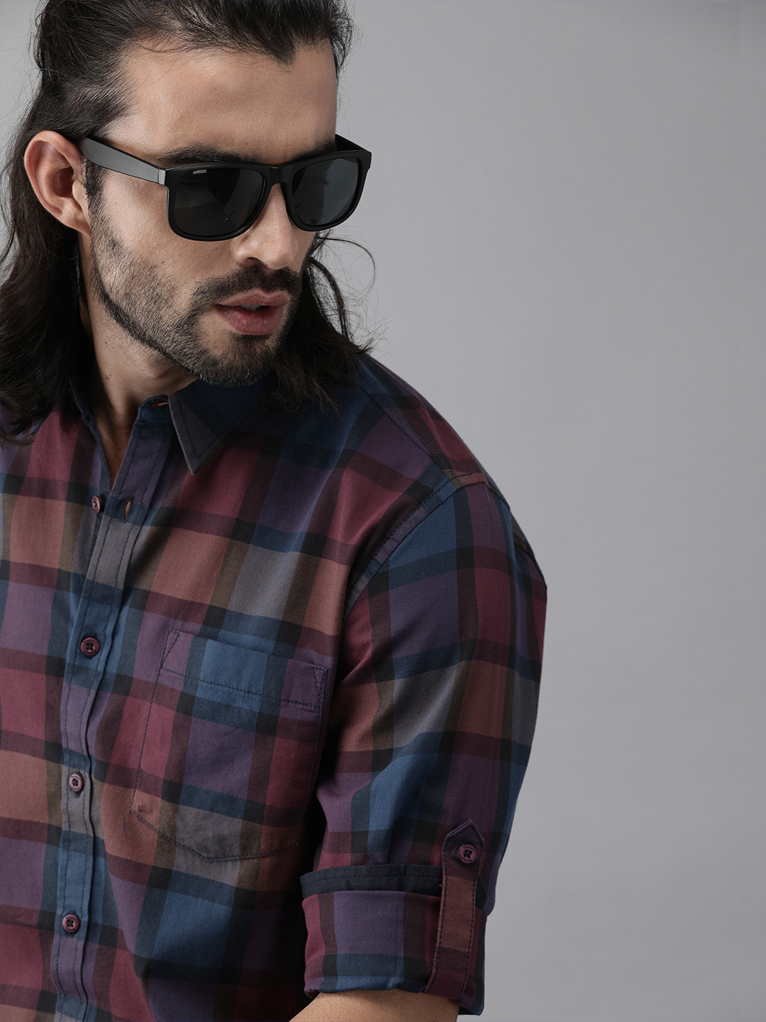 Roadster Men Maroon & Blue Checked Pure Cotton Casual Shirt