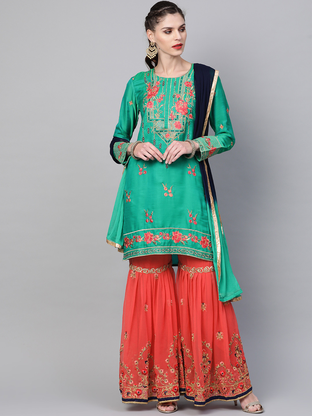 Chhabra 555 Green & Coral Pink Made-to-Measure Embroidered Kurta with Sharara & Dupatta