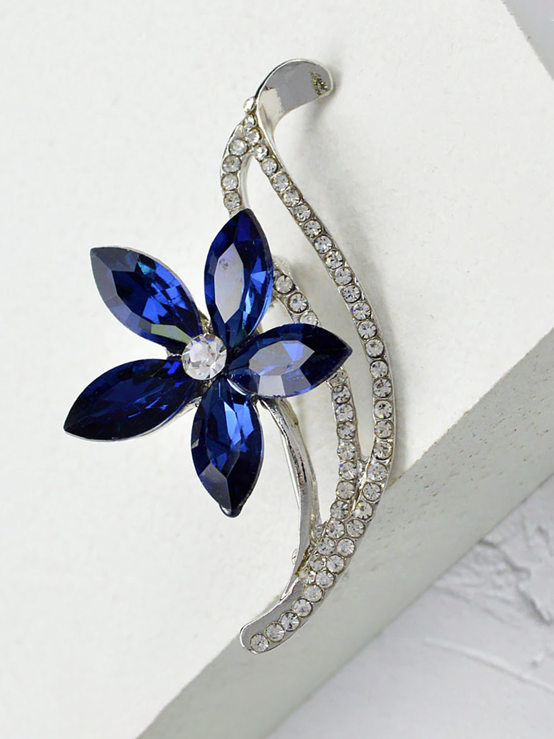 YouBella Women Navy Blue & Silver-Toned Stone-Studded Floral Brooch
